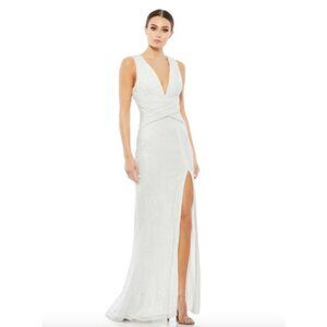MAC DUGGAL Dress Size 6 Evening Gown Sequin NEW White V Neck Wrap Waist